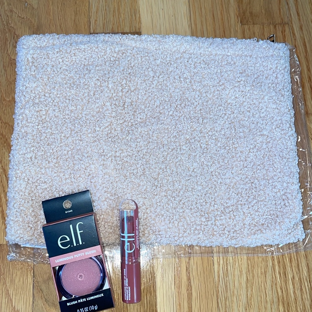 NWT New with Tags Light Taupe Cosmetic Makeup Bag & elf Blush and Lip Shine Set